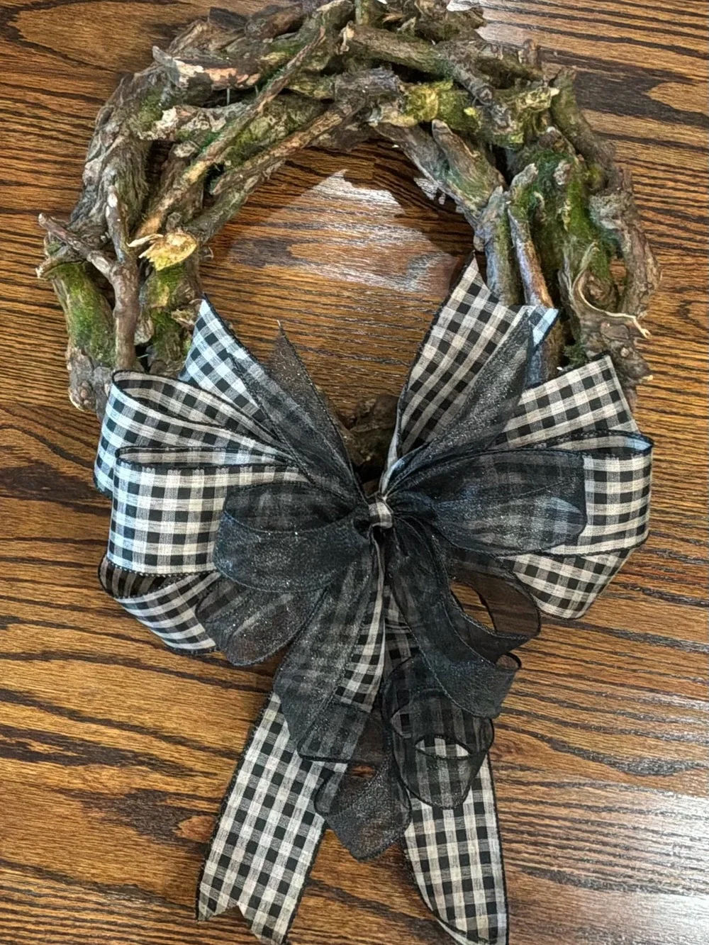 Black Buffalo Check Grapevine Wreath with Layered Black Sheer Bow
